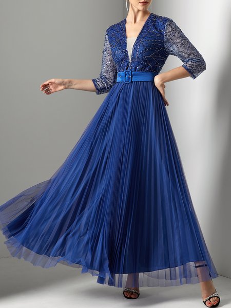 

V Neck Elegant Plain Wedding Guest Dress With Belt, Blue, Maxi Dresses