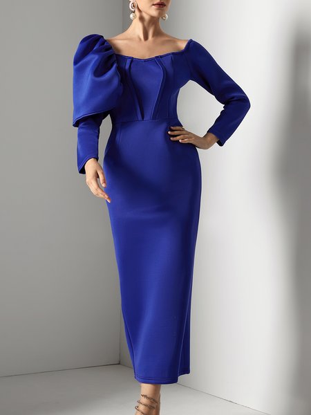 

V Neck Regular Fit Plain Elegant Party Dress, Blue, Maxi Dresses