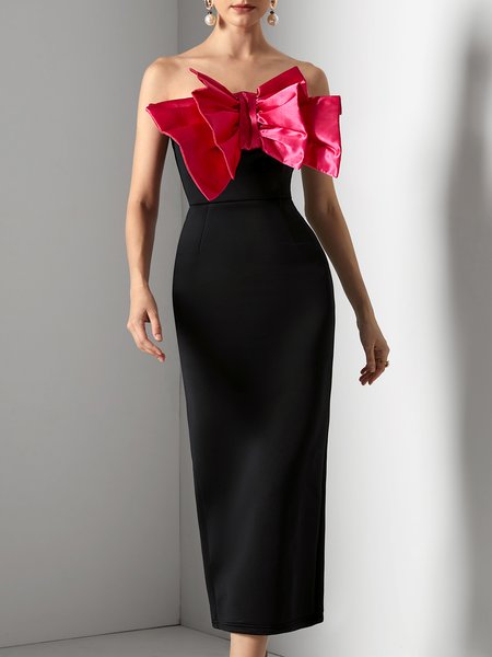 

Elegant Bow Party Dress, Black, Midi Dresses