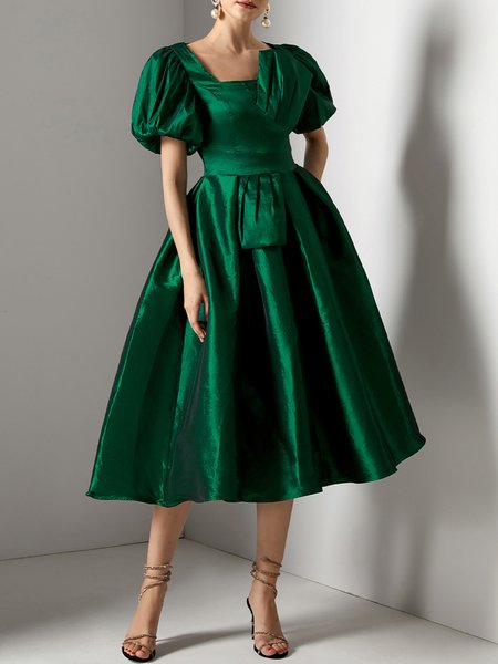 

Elegant Square Neck Regular Fit Wedding Guest Dress, Green, Midi Dresses