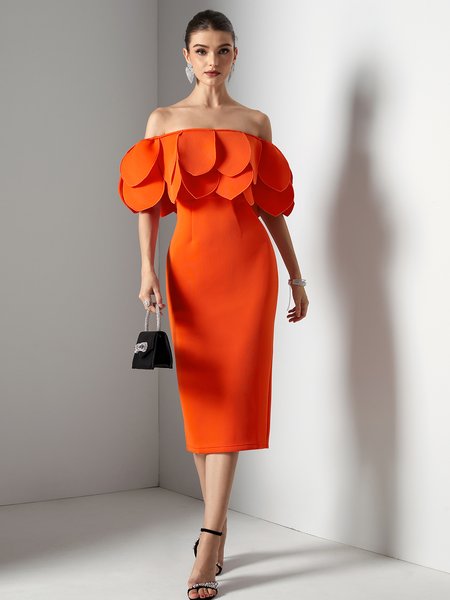 

Elegant Boat Neck Regular Fit Plain Wedding Guest Dress, Orange, Midi Dresses