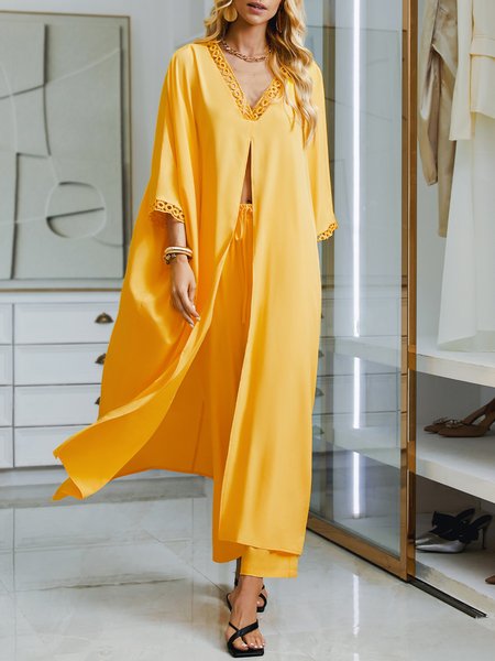 

Loose Casual Plain V Neck Long Shirt, Yellow, Blouses and Shirts