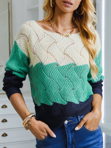 

Crew Neck Urban Wool/Knitting Color Block Sweater, Green, Sweaters