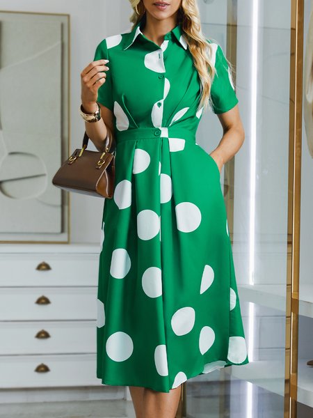 

Polka Dots Shirt Collar Regular Fit Urban Dress, Green, Dresses