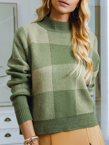 

Urban Half Turtleneck Plaid Loose Sweater, Green, Sweaters