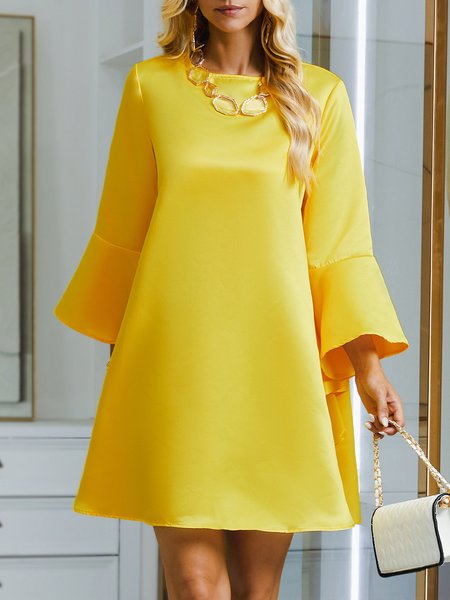 

Elegant Crew Neck Loose Three Quarter Dress With Short No Belt, Yellow, Dresses