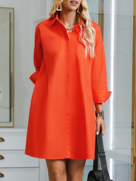 

Simple Plain Loose Pockets Shirt Dress, Orange red, Dresses