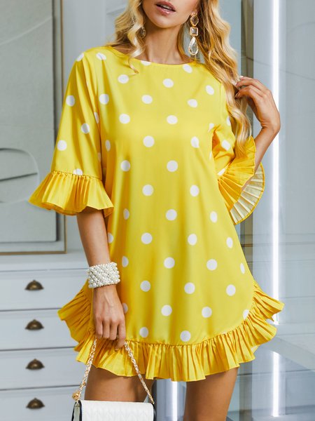 

Elegant Crew Neck Ruffled Sleeves Loose Polka Dots Dress, Yellow, Dresses