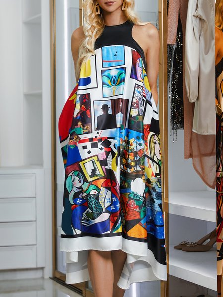 

Loose Abstract Vacation Crew Neck Midi Dress With No Belt, As picture, Dresses