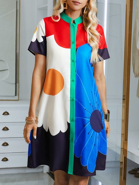 

Loose Vacation Floral Stand Collar Shirt Dress, As picture, Dresses