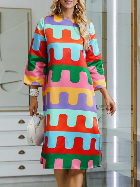 

Crew Neck Regular Fit Geometric Elegant Dress, As picture, Dresses