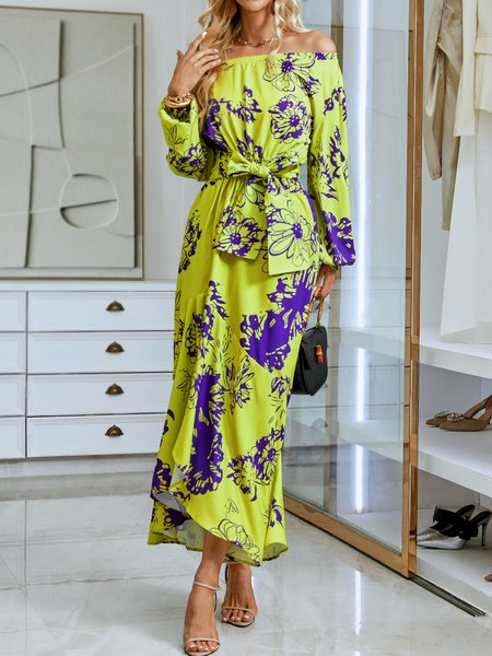 

Vacation Cold Shoulder Floral Regular Fit Dress With Belt, Yellow, Dresses