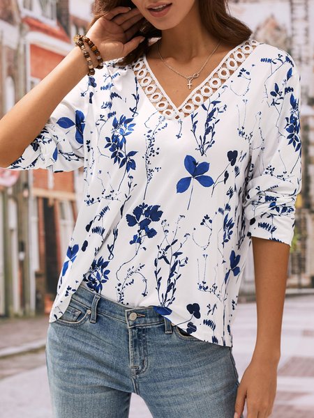 

Floral Regular Fit Casual V Neck T-Shirt, White, T-Shirts
