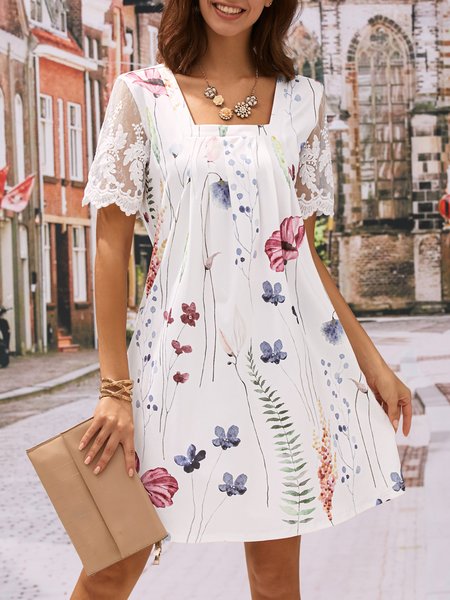 

Square Neck Lace Casual Floral Loose Dress, Pink, Dresses