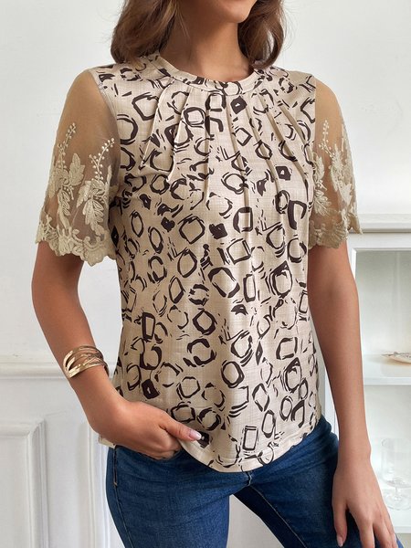 

Geometric Lace Short Sleeve Crew Neck Casual Tunic Shirt, Khaki, Blouses