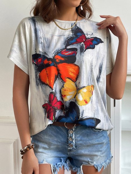 

Casual Crew Neck Butterfly Loosen Short Sleeve T-Shirt, Multicolor, T-shirts