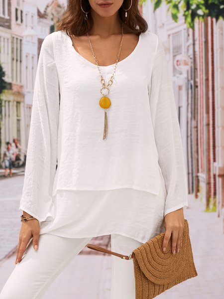 

Casual Long Sleeve Crew Neck Blouse, Light gray, T-Shirts