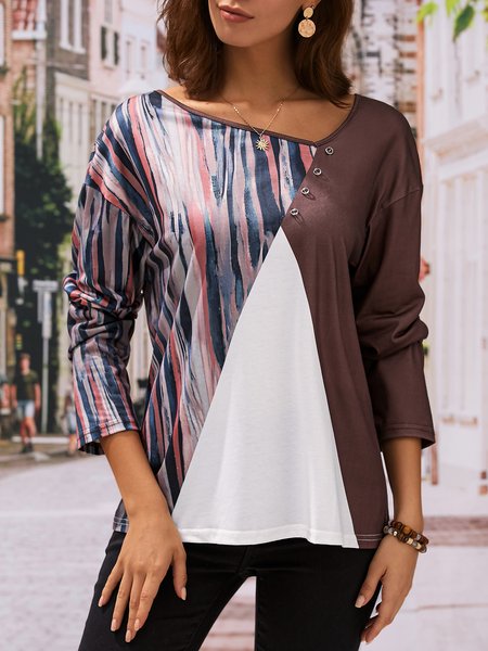 

Plain color block stripe loose button top T-shirt, Green, T-Shirts