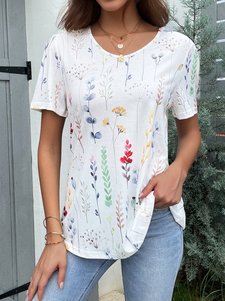 

V Neck Casual Loose Floral Shirt, White, Blouses
