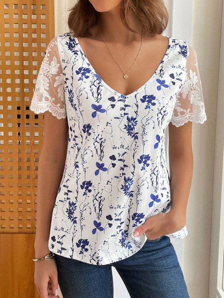 

Lace Floral Casual V Neck tunic Shirt, Blue, Blouses