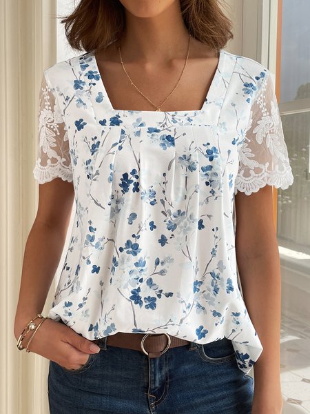 

Casual Lace Square Neck Floral Shirt, Blue, Blouses