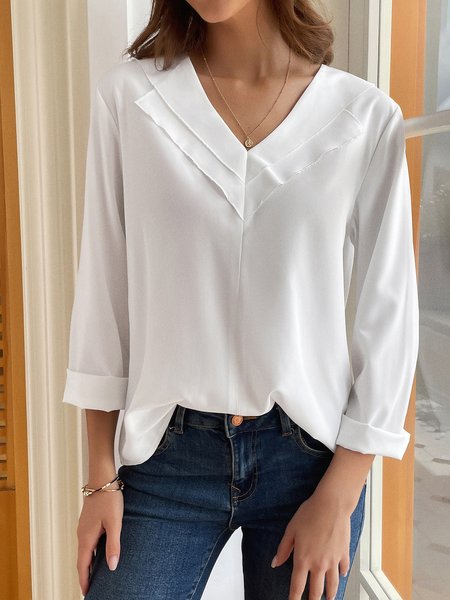 

Solid Color V-neck Long-sleeved Blouse, Light blue, Shirts & Blouses