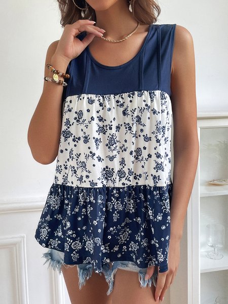 

Loose Casual Floral Printed Crew Neck Tank Top, Blue, Tanks & Camis