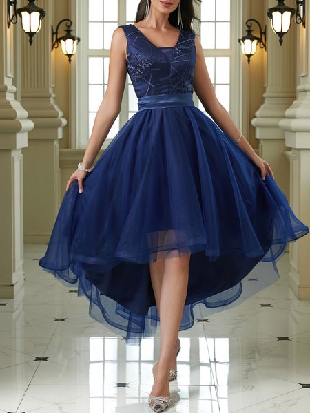 

V Neck Mesh Elegant Plain Wedding Guest Dress, Deep blue, Midi Dresses