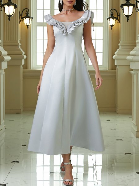 

Elegant Boat Neck Regular Fit Plain Party Dress, Gray, Maxi Dresses