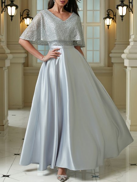 

Regular Fit V Neck Plain Elegant Wedding Guest Dress, Gray, Maxi Dresses