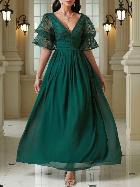 

V Neck Lace Floral Elegant Party Dress, Darkgreen, Maxi Dresses