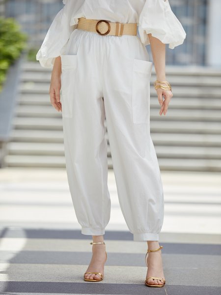 

Plain Regular Fit Vacation Polyester Cotton Fashion Pants, White, Pants