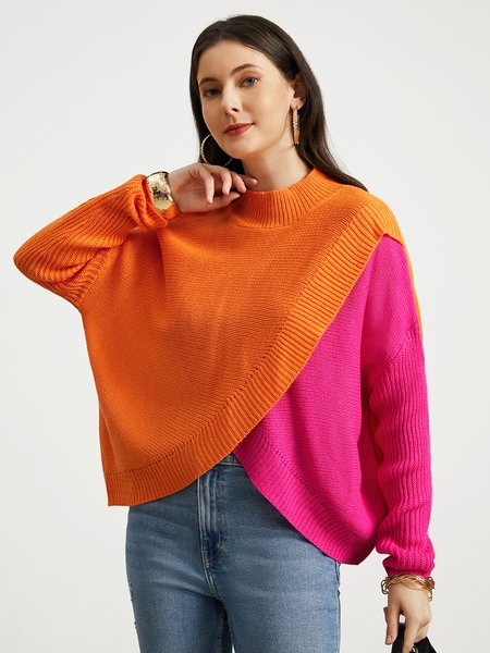 

Casual Loose Half Turtleneck Contrast Stitching Sweater, Orange, Pullovers