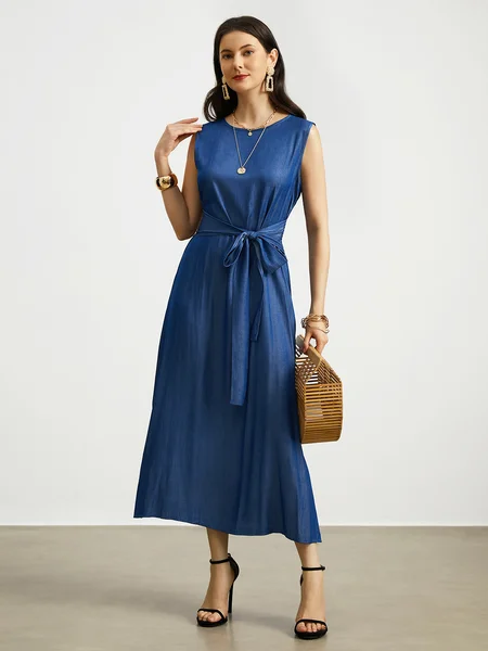 

Midi Crew Neck Casual Faux denim Dress, Blue, Maxi Dresses