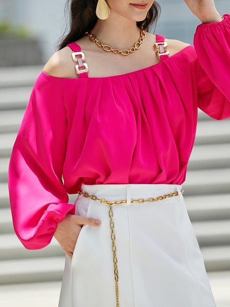 

No Elasticity Square Neck Long sleeve Elegant Loose Shirt, Rose red, Blouses and Shirts