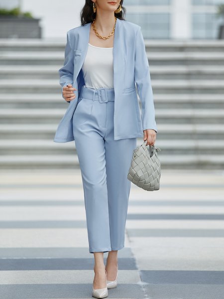 

Urban Loose Plain Two-Piece Set Coat With Pants, Blue, Two-piece Set