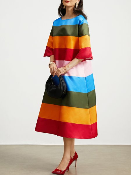 

Loose Crew Neck Striped Short sleeve Urban Midi Dress With No, As picture, Midi Dresses