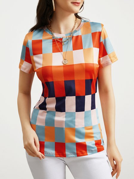 

Casual Tight Crew Neck Plaid T-Shirt, Multicolor, Tees