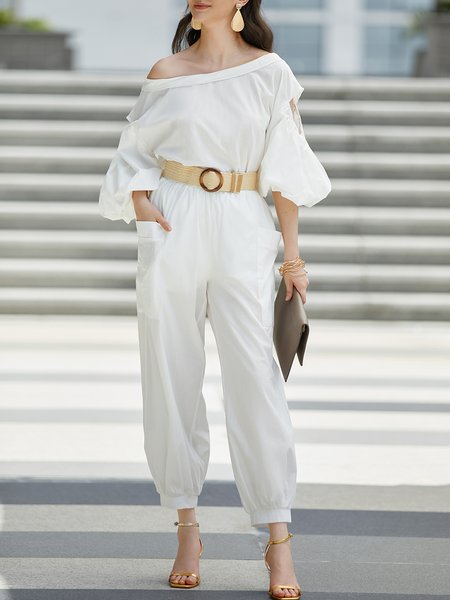 

Half sleeve Vacation One Shoulder Daily Shirt, White, Blouses and Shirts