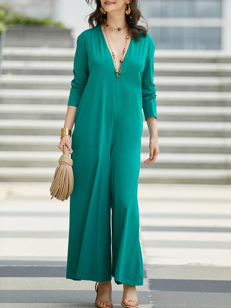 

Urban Plain Loose V Neck Jumpsuit, Green, Jumpsuits
