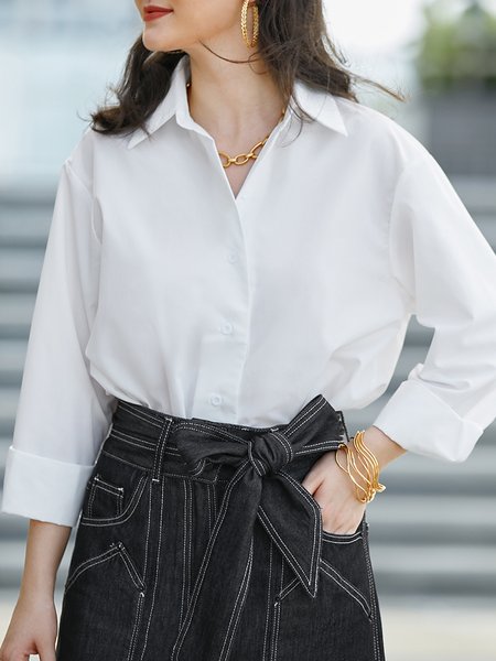

Plain Simple Loose Urban Shirt Collar Blouse, White, Blouses and Shirts