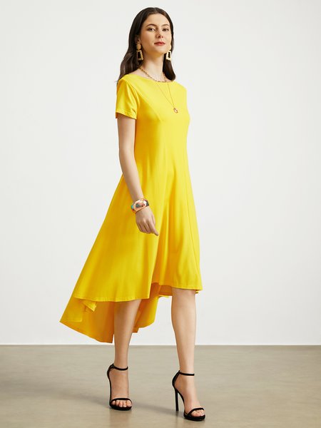 

Plain Regular Fit Boat Neck Urban Dress With No, Yellow, Midi Dresses