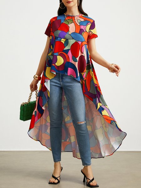 

Casual Abstract Loose Short Sleeve Shirt, As picture, Blouses and Shirts