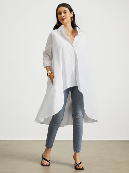 

Shirt Collar Elegant Plain Regular Fit Dress, White, Midi Dresses