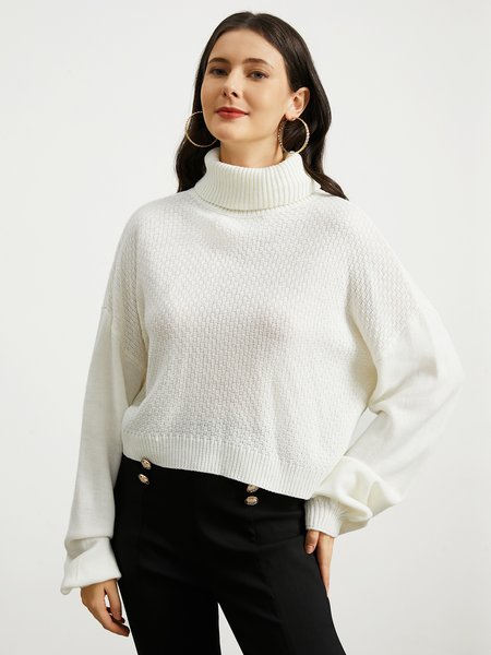 

Yarn/Wool Yarn Plain Casual Turtleneck Sweater, Off white, Pullovers