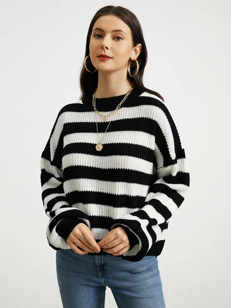 

Crew Neck Striped Loose Casual Sweater, Black-white, Pullovers