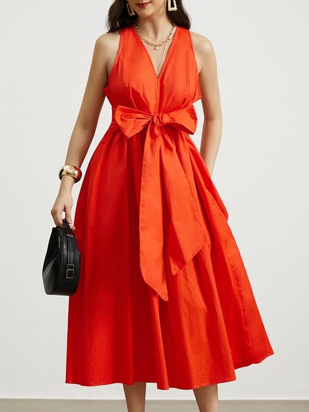 

V Neck Urban Plain Regular Fit Dress With Belt, Orange, Midi Dresses