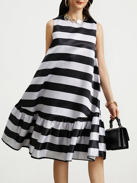 

Loose Elegant Striped Crew Neck Sleeveless Midi Dress With No, Black, Midi Dresses