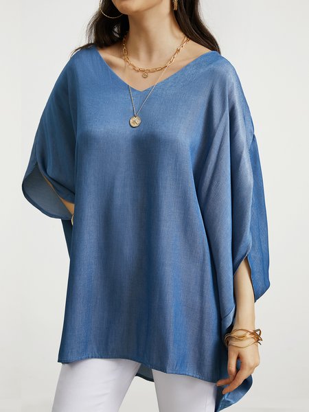 

Loose Lightweight V neck Short sleeve Urban faux denim Top, Denim blue, Blouses and Shirts