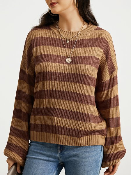 

Casual Striped Loose Yarn/Wool Yarn Sweater, Brown, Pullovers